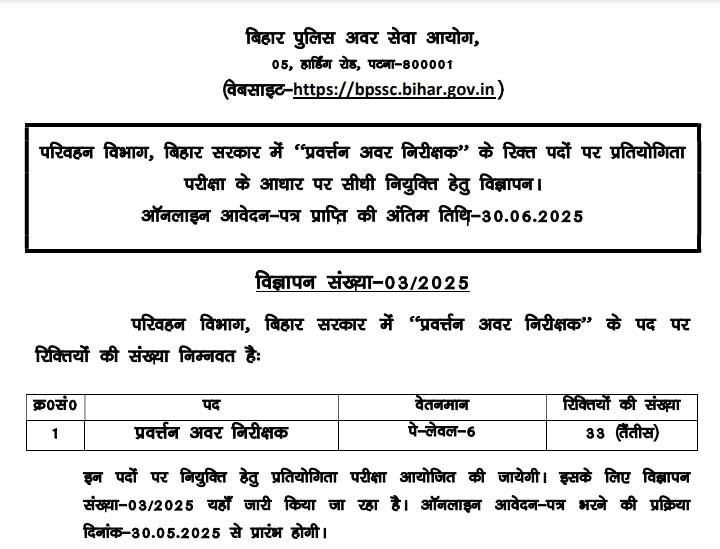 BPSSC Enforcement Sub Inspector Vacancy 2025