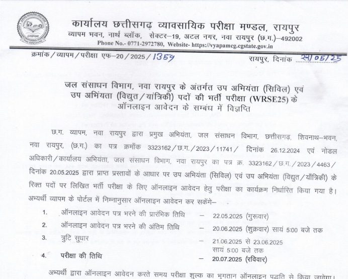 CG Vyapam Sub Engineer Vacancy 2025