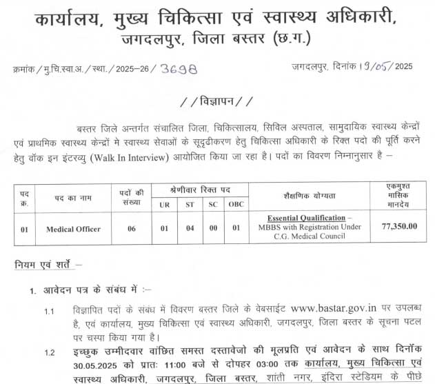 CMHO Bastar Medical Officer Vacancy 2025