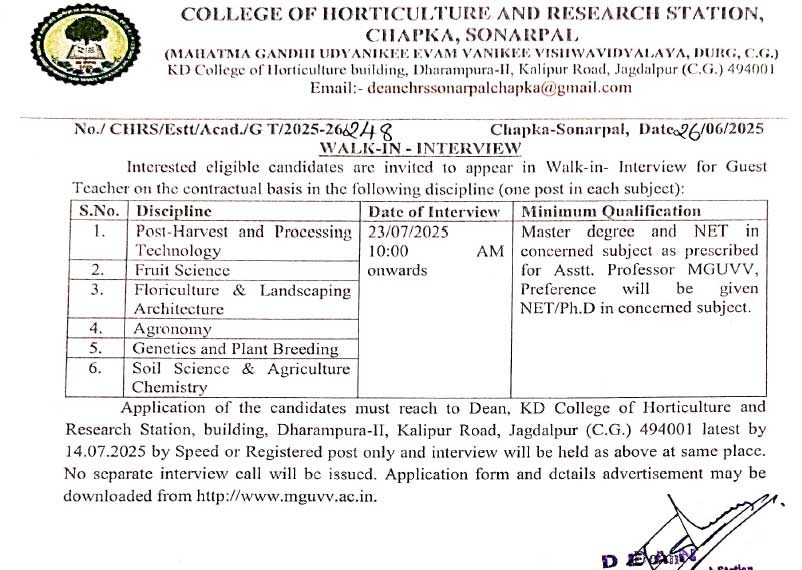Horticulture College Jagdalpur Vacancy 2025