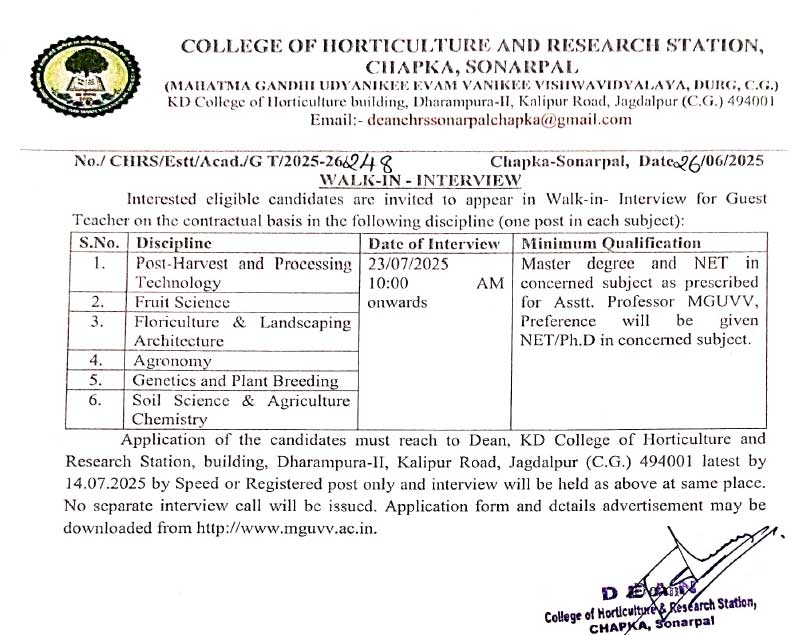 Horticulture College Jagdalpur Vacancy 2025