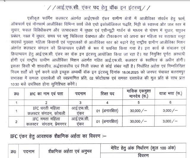 IFC Balrampur Anchor Vacancy 2025