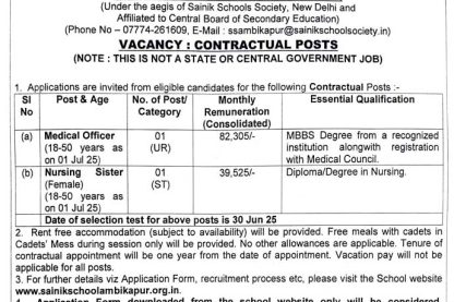 Sainik School Ambikapur Chhattisgarh Nursing Staff Vacancy 2025
