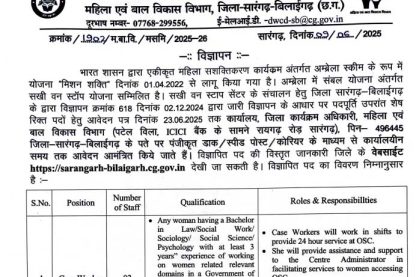 WCD Sarangarh Bilaigarh Sakhi Staff Vacancy 2025