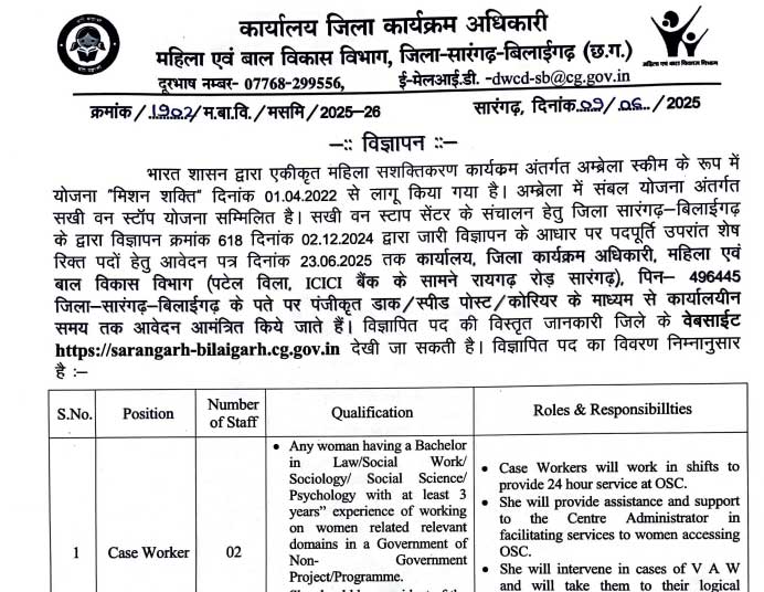WCD Sarangarh Bilaigarh Sakhi Staff Vacancy 2025