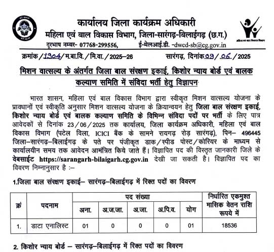 WCD Sarangarh Bilaigarh Staff Vacancy 2025