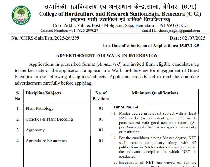 Horticulture College Saja Bemetara Vacancy 2025