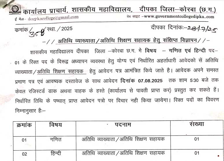 Govt College Dipka Korba Vacancy