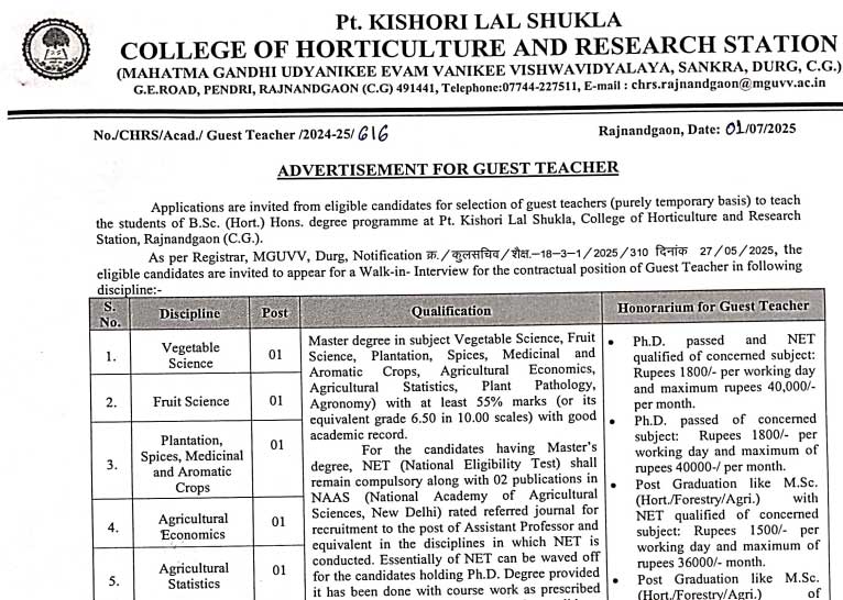 Pt. KLS CHRS Rajnandgaon Vacancy 2025