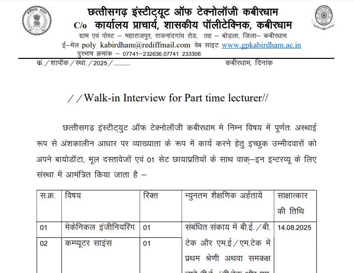 CG IT College Kabirdham Vacancy 2025