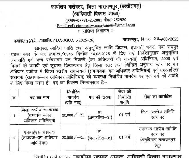 Tribal Department Narayanpur Vacancy