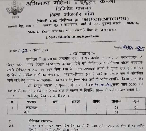FPC Pamgarh Janjgir Champa Vacancy 2025